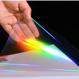 May include: A hand lifting a sheet of iridescent film, displaying a spectrum of rainbow colours. The film reflects light, showing bands of red, orange, yellow, green, blue, and purple. The background is black.
