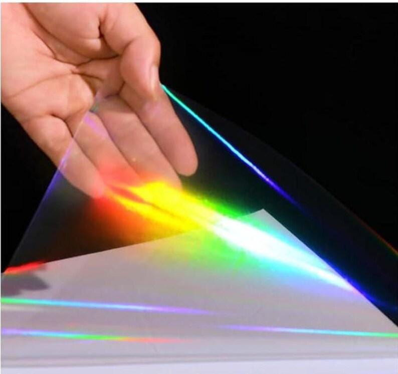 May include: A hand lifting a sheet of iridescent film, displaying a spectrum of rainbow colours. The film reflects light, showing bands of red, orange, yellow, green, blue, and purple. The background is black.