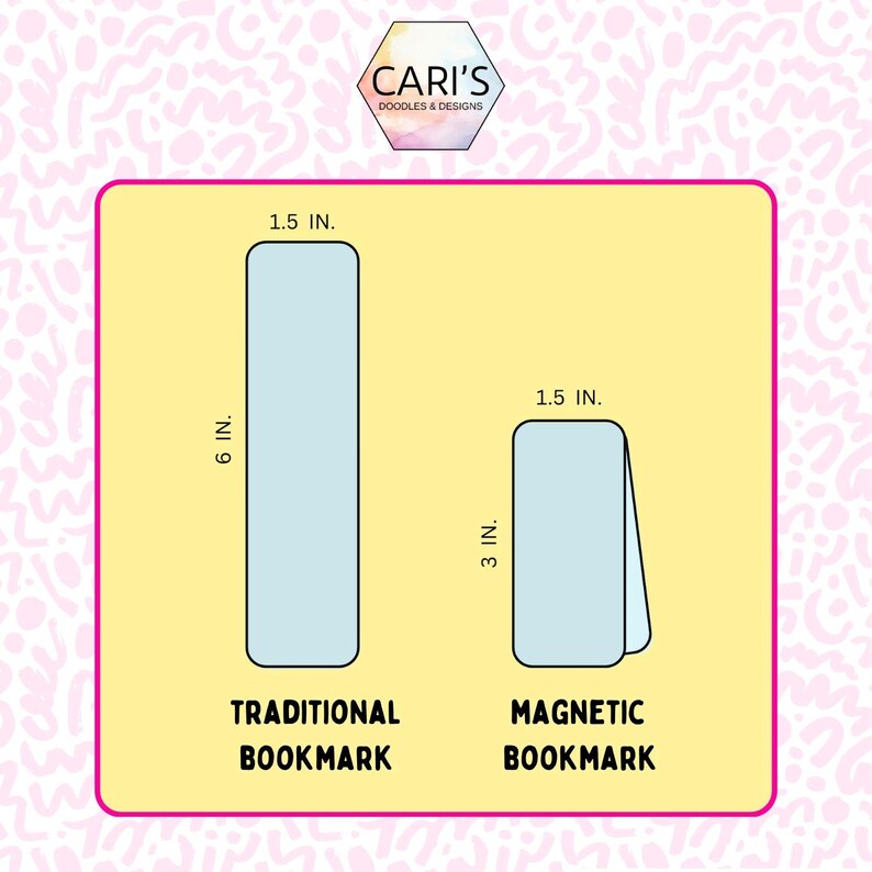 May include: A light blue traditional bookmark, 15.2 cm tall by 3.8 cm wide, and a magnetic bookmark, 7.6 cm tall by 3.8 cm wide, are displayed on a yellow background. The text "TRADITIONAL BOOKMARK" and "MAGNETIC BOOKMARK" are below the bookmarks. The logo "CARI'S DOODLES & DESIGNS" is at the top.