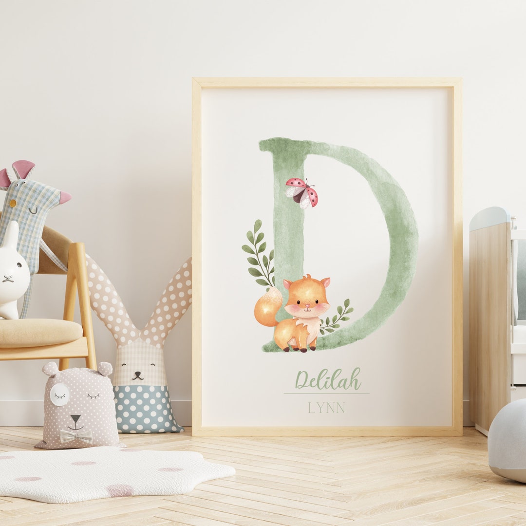 Custom Woodland Creature Nursery Decor, Boho Nursery Wall Art, Initial
