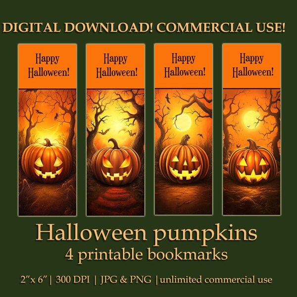 Set of 4 Halloween Printable Bookmarks, Carved Pumpkin Bookmarks for Booklovers, Downloadable Set of Cute Halloween Pumpkin Book Trackers