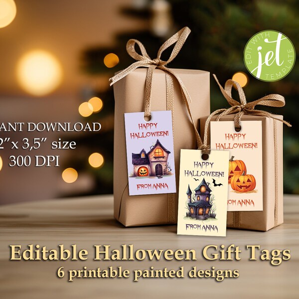 Editable Halloween Tags with Haunted Houses in Soft Colors | Printable Design for Party Decoration | Instant Download Label Templates