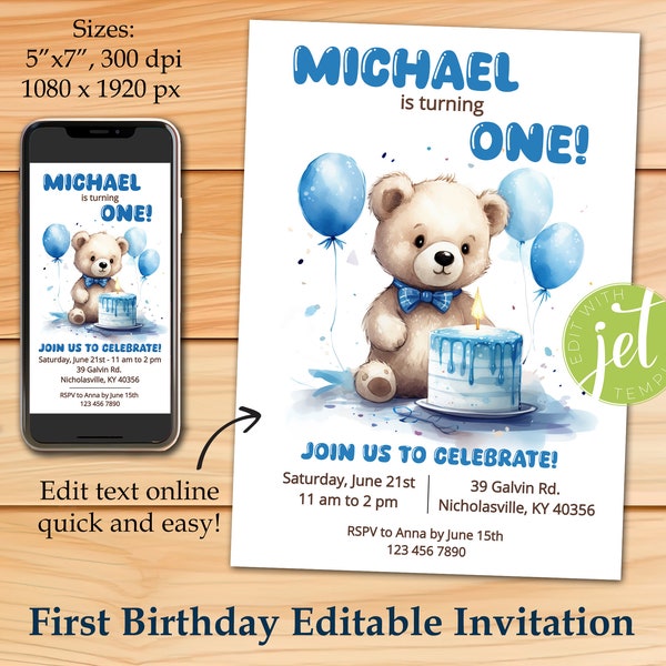 Editable First Birthday Baby Boy Invitation with a Teddy Bear Drawing | DIY 1st Birthday Digital Party Invite Design | Toddler B-day Invite