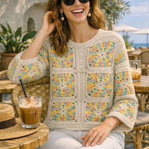 Pull été carré granny au crochet en coton