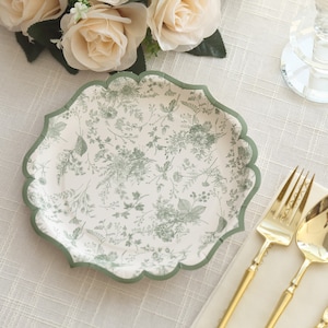 Sage Green Floral Print Paper Plates - Set Of 25