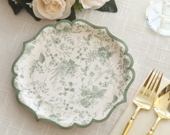 Sage Green Floral Print Paper Plates - Set Of 25