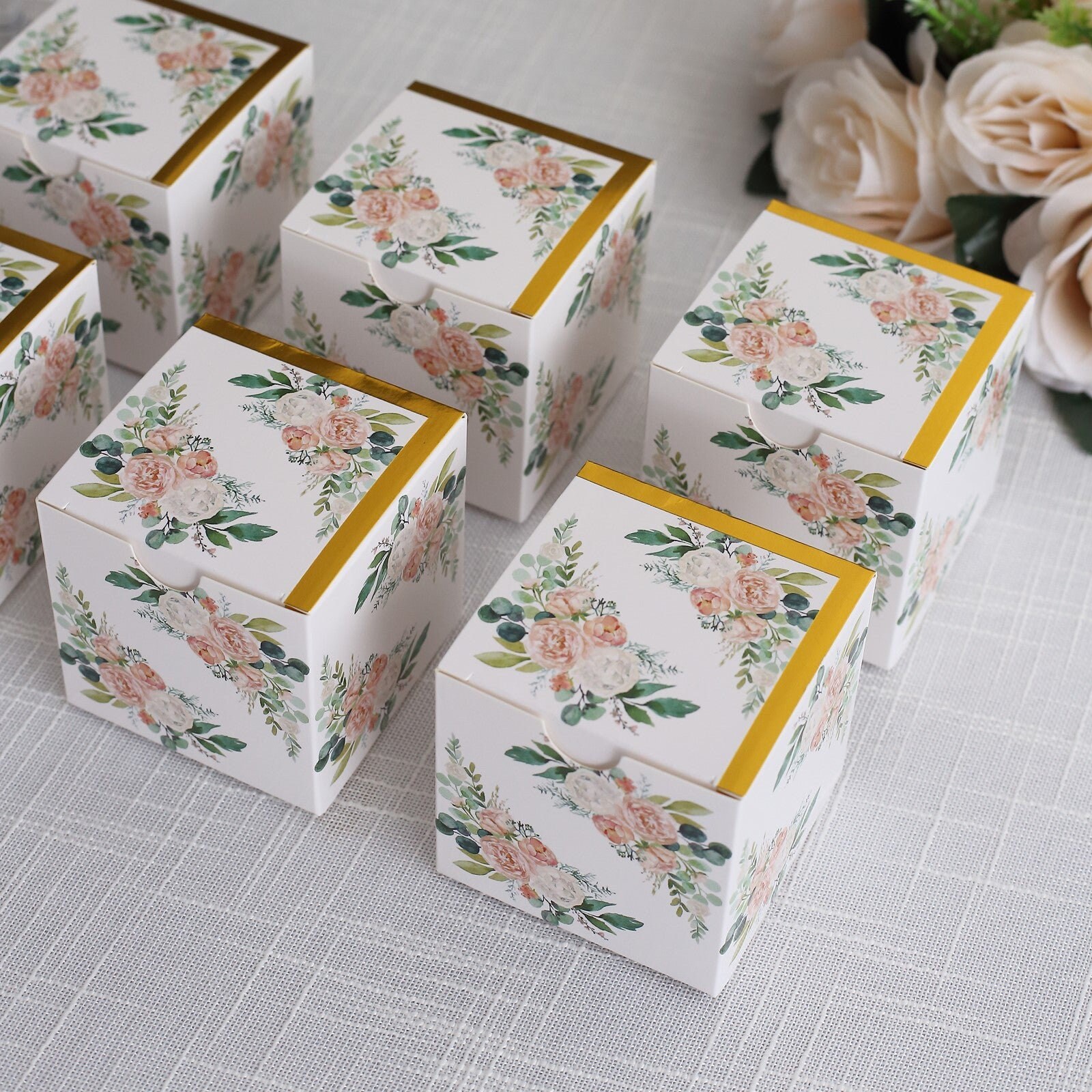 25 Sets of Chinoiserie Floral Print Paper Gift Boxes With Gold Edge