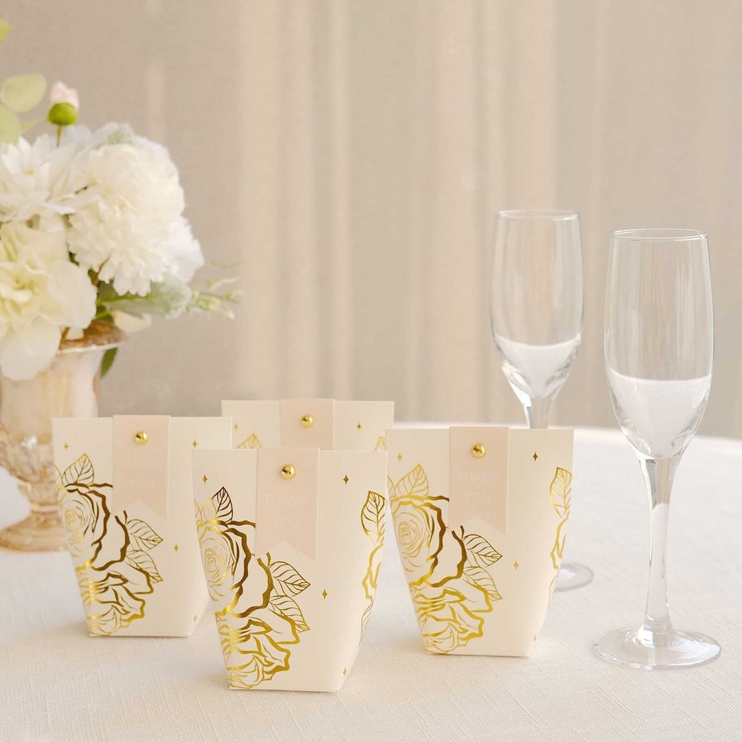25 Sets of Gold Party Favor Boxes With Rose Flower Print With Pin and