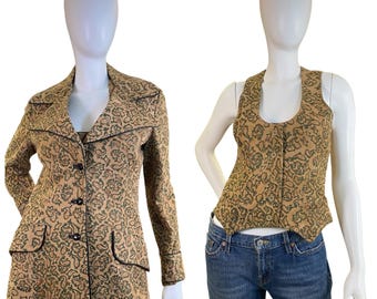 Sällsynt 1970-tals vintage Geoffrey Beene Bazaar mockakavajvästset bärbar konst