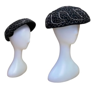 1940s Black Beaded Calot Hat Pinehurst Fifth Ave Cocktail Hat 1940s Black Feather Cocktail Hat | Beading Bling main image 4