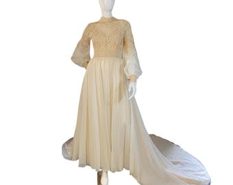 Vintage 1960s Wedding Dress Lace Illusion Bishop Sleeve Gown Union Made Bridal