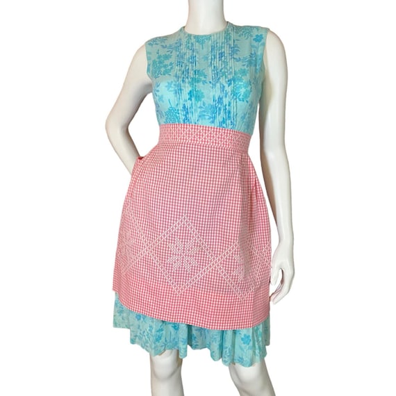 1950s Pink Gingham Half Apron Cross Stitch Cottagecore Vintage