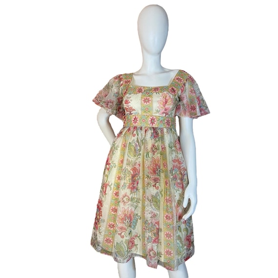 1960s Handmade Floral Chiffon Dress Velvet Detail Empire Waist Vintage