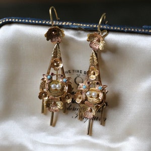 Antique Victorian 14k Gold Floral Bird Wedding Drop Earrings c.1880 Duo Tone Gold