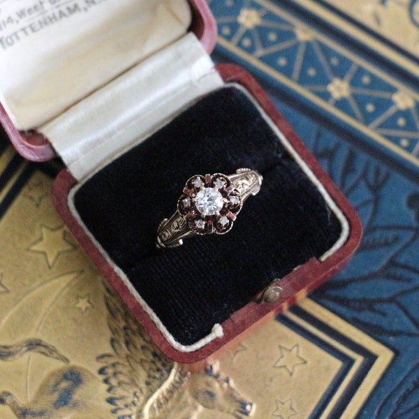 Antique Victorian Diamond 14k Gold Ring - Old European Cut Diamond in Ornate Setting c. 1880-1900