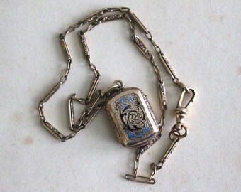 Antique Victorian Gold-Filled Locket with Enamel & Watch Chain (1880s)