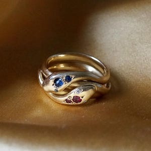 Heavy Antique Victorian 18k Gold Double Snake Ring English with Ruby and Sapphire c.1880
