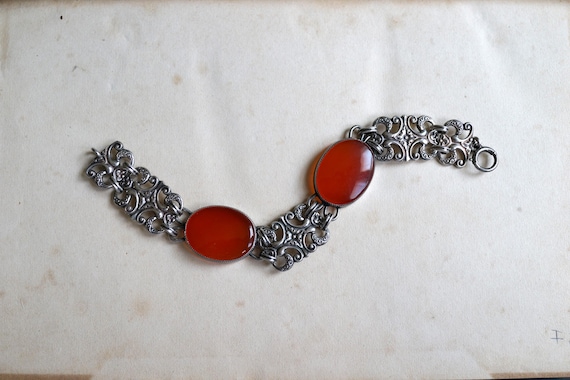 Antique Sterling Silver Arts & Crafts Bracelet Carnelian Gothic Revival Repoussé c.1920