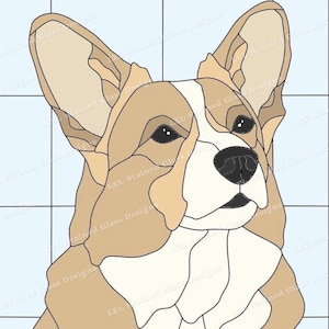 Może przedstawiać: Projekt witrażu przedstawiający twarz psa rasy Corgi. Grafika wykorzystuje różne odcienie brązu, kremu i czerni do przedstawienia cech psa, w tym uszu, oczu, nosa i pyska. Tło jest jasnoniebieskie z liniami siatki.