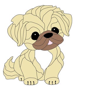 May include: A cartoon illustration of a beige pug with brown eyes and a pink tongue. The pug is sitting with its legs crossed and its tail curled behind it.