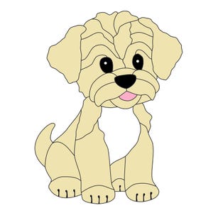 May include: A cartoon illustration of a beige dog with black eyes and a pink tongue. The dog is sitting with its legs tucked under its body.