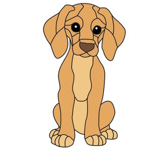 May include: A cartoon illustration of a brown and tan puppy sitting with its ears perked up. The puppy has big brown eyes and a cute, innocent expression.