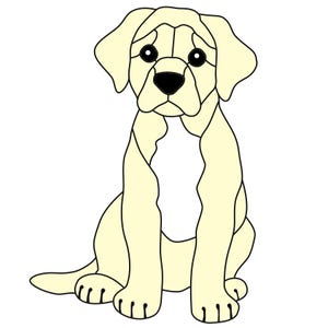 May include: A cartoon illustration of a light yellow Labrador Retriever puppy sitting with its ears perked up and looking at the viewer.