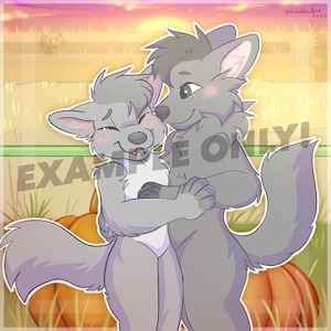 May include: Digital illustration of two anthropomorphic wolves embracing, set against a fall harvest scene with pumpkins. The wolves are gray with pink accents, and the text "EXAMPLE ONLY!" is partially visible.
