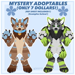 Könnte beinhalten: Illustration von zwei anthropomorphen Kreaturen mit tierischen Merkmalen. Der Text "MYSTERY ADOPTABLES" und "(ONLY 7 DOLLARS!)" steht oben. Die Kreatur links ist braun und beige mit blauen Akzenten. Die Kreatur rechts ist grau, schwarz und grün.