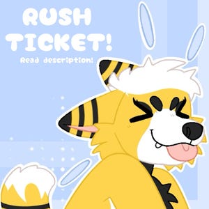 以下が含まれることがあります： 黄色と黒の毛むくじゃらのキャラクターの漫画イラスト。白い顔と耳、ピンクの舌が出ている。テキスト「RUSH TICKET！」がキャラクターの上にあり、「Read description！」が下にあり、すべて水色の背景にあります。