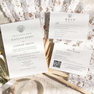 Printable Beach Wedding Invitation Suite Template Coastal Wedding Invites - Seashell  - Instant Download - Fully Editable - QR Code - Bundle