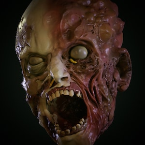 May include: A grotesque, decaying zombie mask with exposed flesh and a gaping mouth. The mask features a pale, discolored face with one closed eye and one exposed eyeball. The overall color palette includes shades of red, brown, and beige.