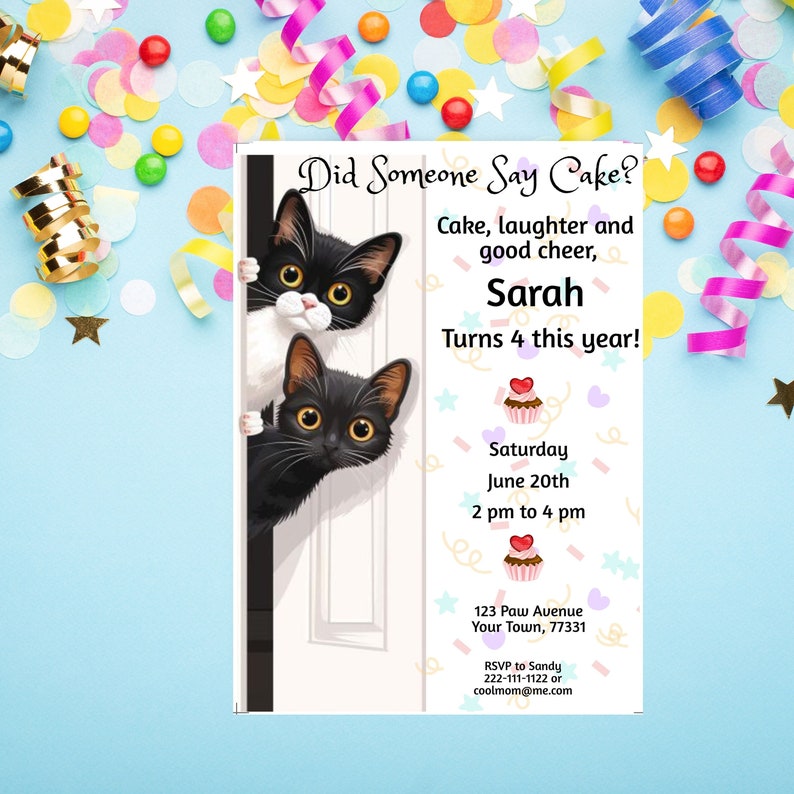 Instant download of cute cat birthday invite.  Easily personalized using Corjl