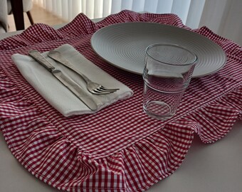 Manteles individuales con volantes de Gingham / Conjuntos de manteles individuales de tela Gingham con volantes / Manteles individuales con patrón Vichy / Manteles individuales de Gingham para una cena romántica