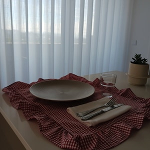 Gingham Ruffle Placemats Gingham Cloth Placemats Sets with Ruffles Placemats with Vichy Pattern Gingham Placemats for Romantic Dinner image 3