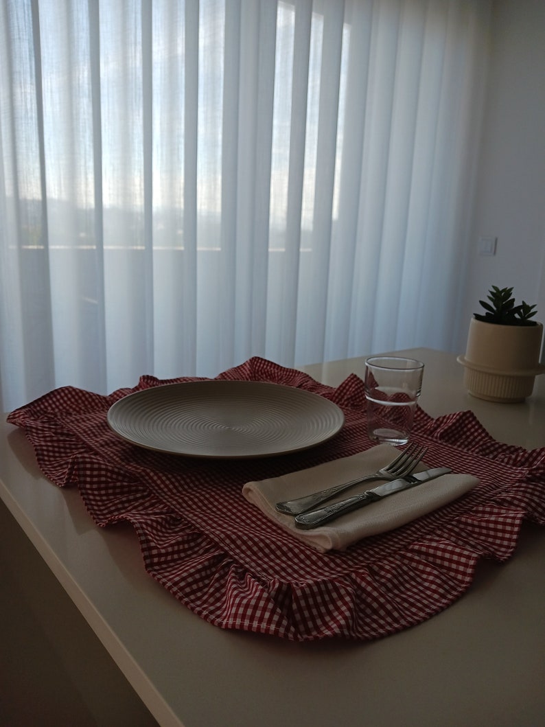 Gingham Ruffle Placemats Gingham Cloth Placemats Sets with Ruffles Placemats with Vichy Pattern Gingham Placemats for Romantic Dinner image 3