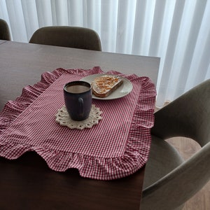 Gingham Ruffle Placemats Gingham Cloth Placemats Sets with Ruffles Placemats with Vichy Pattern Gingham Placemats for Romantic Dinner image 4