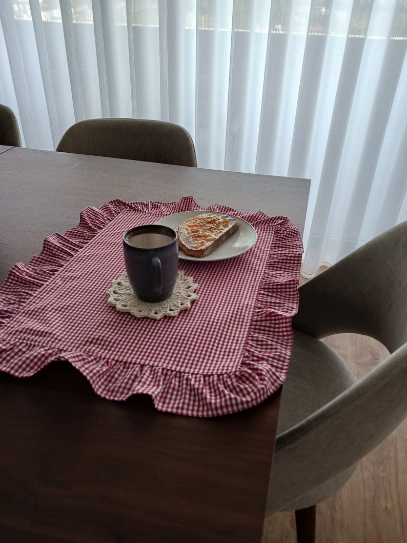 Gingham Ruffle Placemats Gingham Cloth Placemats Sets with Ruffles Placemats with Vichy Pattern Gingham Placemats for Romantic Dinner image 4