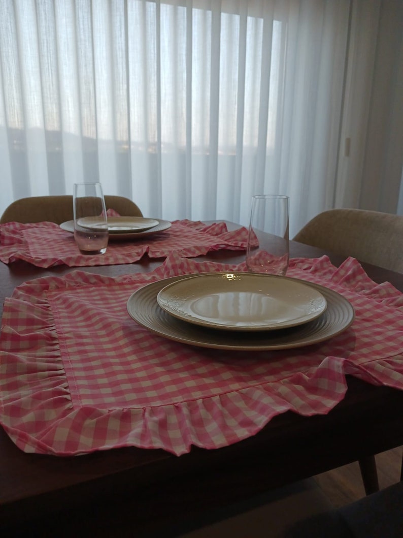 Gingham Ruffle Placemats Gingham Cloth Placemats Sets with Ruffles Placemats with Vichy Pattern Gingham Placemats for Romantic Dinner image 5