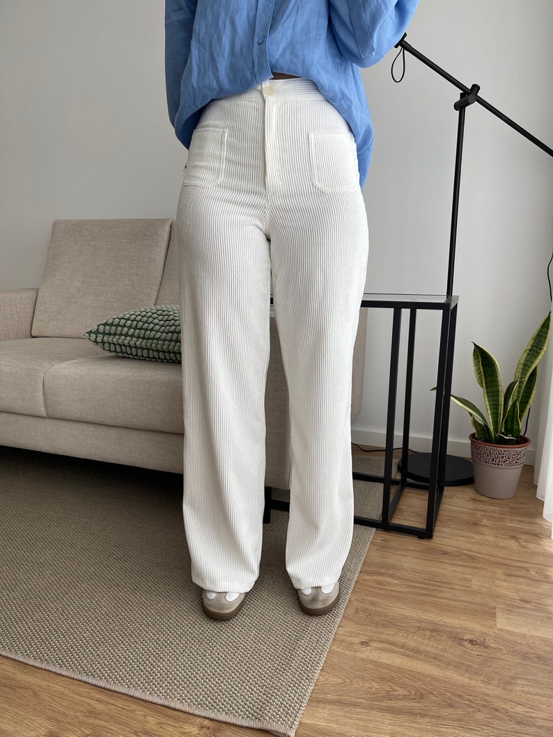 Pantalones de pana de cintura alta con bolsillos / pantalones de pana de cintura alta imagen 3