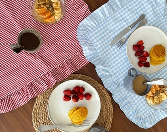 Gingham Rüschen Tischsets | Gingham Stoff Tischsets Sets mit Rüschen | Tischsets mit Vichy-Muster | Gingham Tischsets für ein romantisches Abendessen