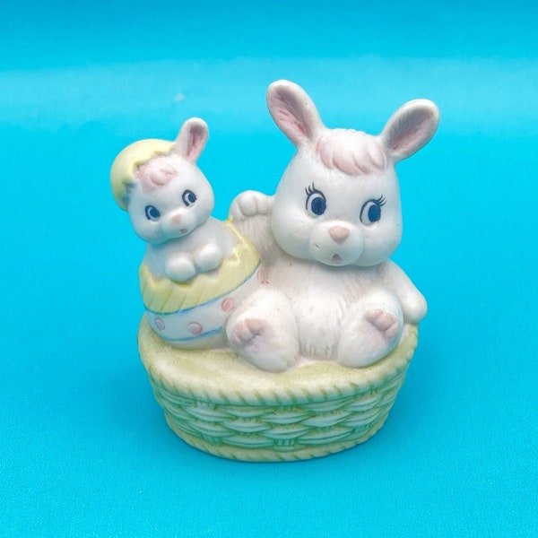 Vintage Ceramic Bunnies in Basket Figurine/Assemblage Supplies/Craft Supply/Easter Figurine/Ceramic Rabbits