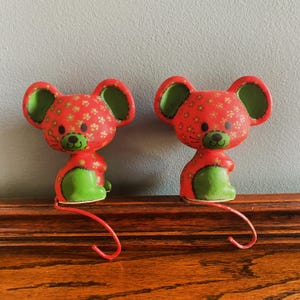 1977 Hallmark Christmas Mouse Pair: Calico Mouse-Stocking Holder-1970s Holiday Merry Miniatures Decor