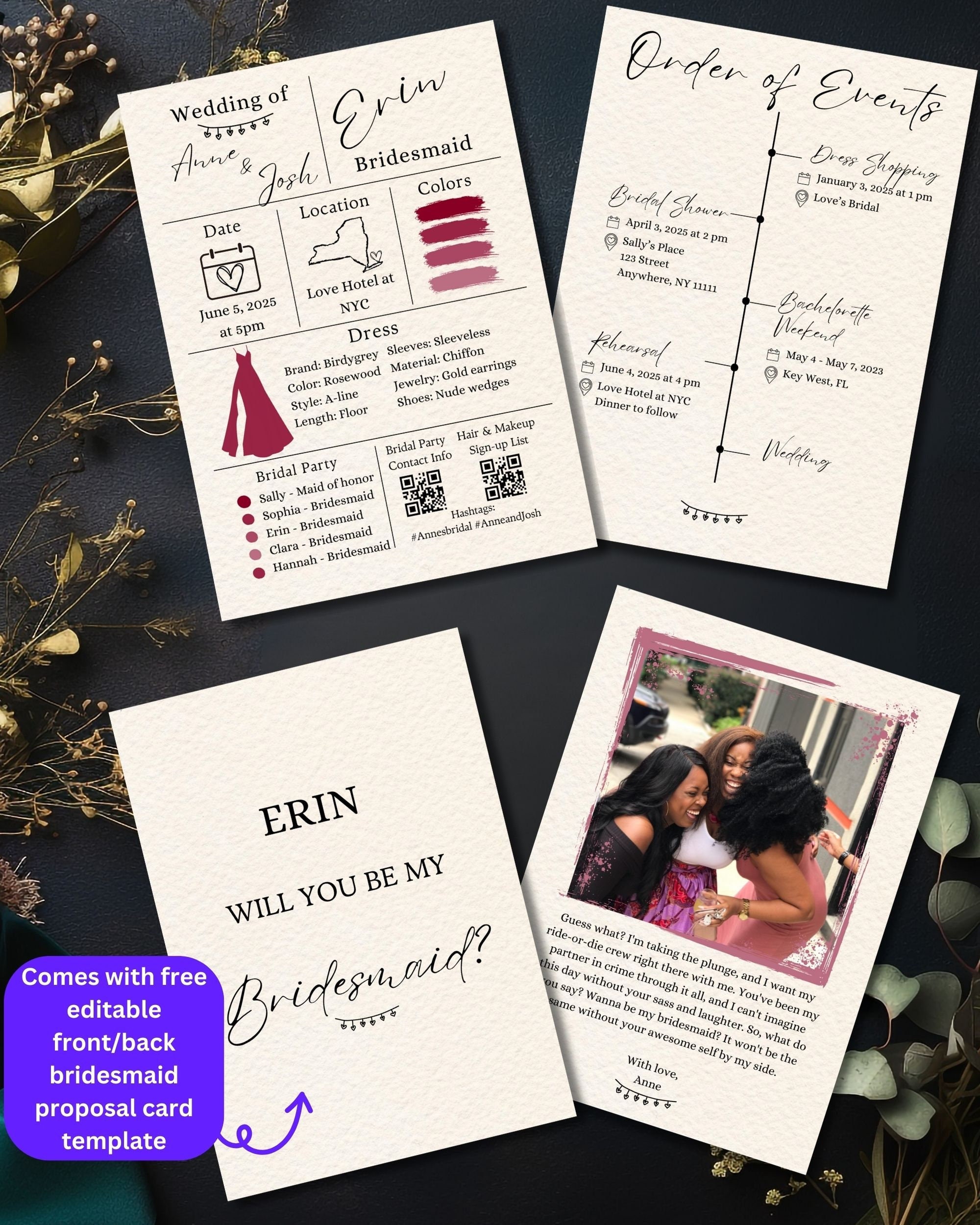 Bridal Party Info Card Template, Bridesmaids Information Card