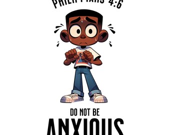 May include: A cartoon illustration of a person with a worried expression. The person is sweating and has their hands clenched. The text "Philippians 4:6" is above the person and the text "Do not be anxious" is below the person.