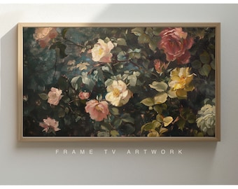 May include: A framed painting of a floral arrangement featuring pink, white, and yellow roses with green leaves on a dark background.