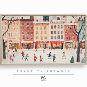 Winter Skating Frame TV Art: Rustic Snowy Christmas Town (Digital Download)
