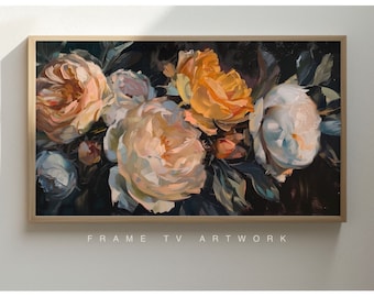May include: A painting of a bouquet of flowers in shades of white, yellow, and pink. The flowers are arranged in a dark background, creating a dramatic contrast.