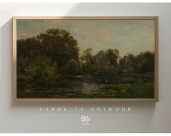Samsung Frame TV Art: Moody Sunset Lake Vintage Painting (Digital Download)