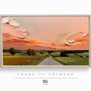 Peut inclure: Peinture de paysage encadrée représentant un coucher de soleil avec une route menant au loin. Le ciel est rempli de coups de pinceau texturés orange, rose et blanc. L'œuvre est intitulée "FRAME TV ARTWORK" avec "BG STUDIO" en dessous.